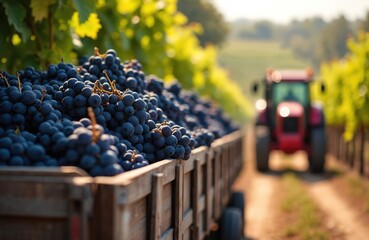 Obraz premium Full wooden cart brimming with dark grapes travels down vineyard row. Red tractor follows behind, ready for harvest. Summer grape collection scene.