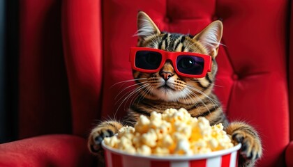 Tabby cat wearing red 3D glasses sits in plush red chair. Feline holds bucket of popcorn, watches movie intently. Cute pet enjoys cinema experience at home, feels happy.