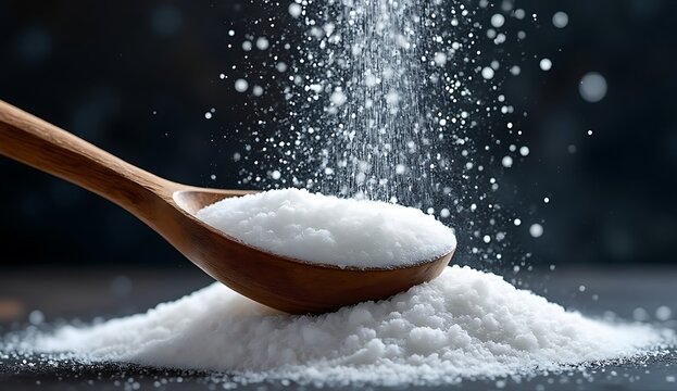 White sugar or salt granules being scooped with a wooden spoon with falling particles on a dark background