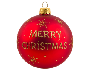 Shiny red orb, gold text "Merry Christmas," glittering stars