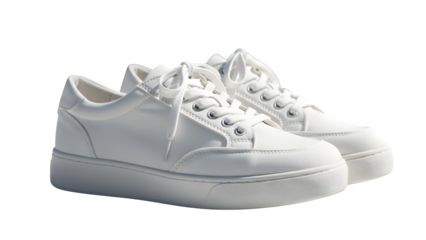 Classic crisp white leather lace-up sneakers featuring thick soles and silver eyelets are isolated against a dark background showcasing versatile casual footwear style.