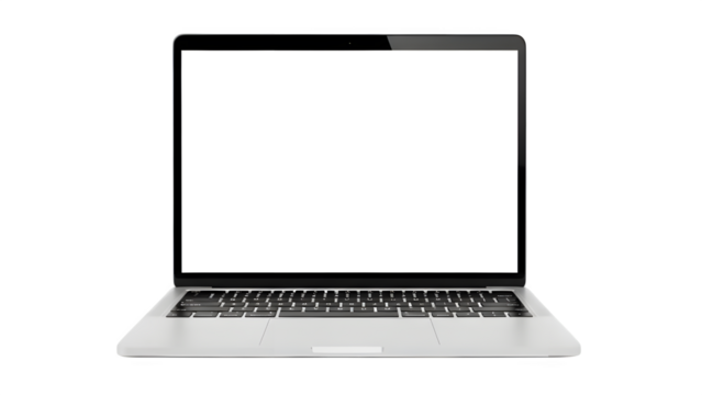 A modern silver laptop computer displaying a blank white screen for copy space or mockup presentation isolated against a transparent background representing technology and digital work - Powered by Adobe