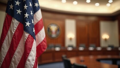 US flag waves gently in focus before blurry oval hearing room with wooden paneling and official seal. Symbol of American democracy and government proceedings.
