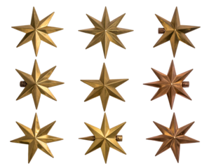 Nine metallic, multi-pointed stars, varying in sheen and tone