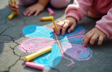 Naklejka premium Children draw big colorful butterfly with chalk on cracked pavement. Hands hold crayons, creating sidewalk art. Youngsters create their own drawings on street.