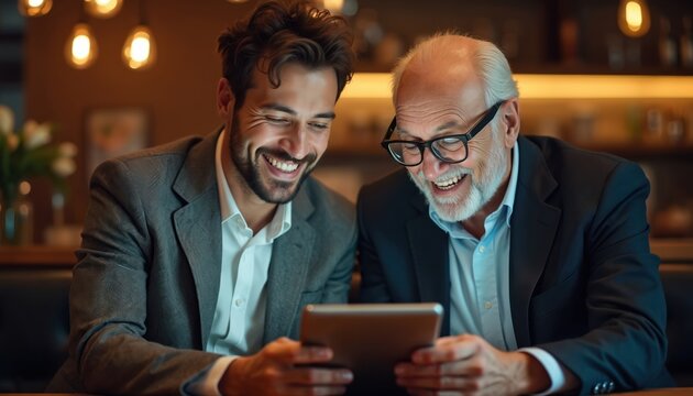 Young man shows tablet to older colleague in office. They smile and laugh while looking at screen. Diverse colleagues share a digital device at work. - Powered by Adobe