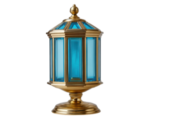 Ornate brass lantern with blue glass panels on black background gold metal