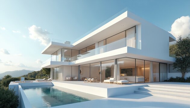 Modern white mansion with glass walls and infinity pool. Luxury villa with clear blue sky and green hills backdrop. This estate has sleek design and spacious living areas for comfort.