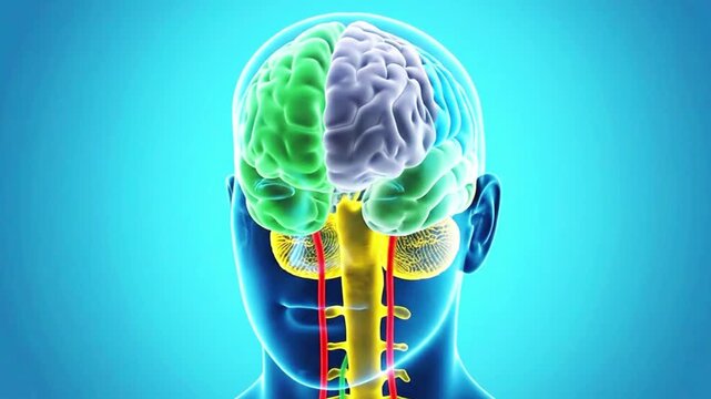 A video showcasing a human brain with colorful sections on a blue background, where the brain&rsquo;s colors are automatically changing.