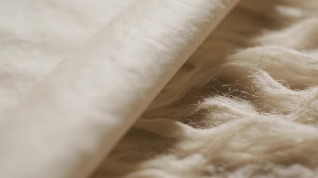 Soft beige fabric on fluffy fur texture background.