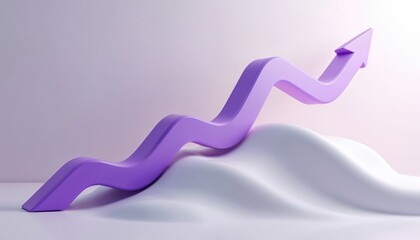 Purple arrow graphs upwards over abstract landscape. Symbolizes growth success progress and positive trends in business and finance. Digital art.