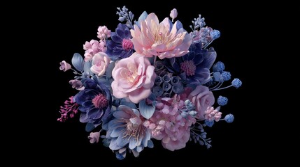 Wedding bouquet with flowers, flat design, top view, 3D render, Triadic color scheme, elegant and spooky arrangement.