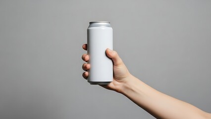A hand holding a white cylindrical can or bottle
