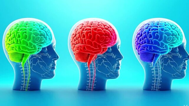 A video showcasing three human heads with colorful brains on a blue background, with the brain colors changing.