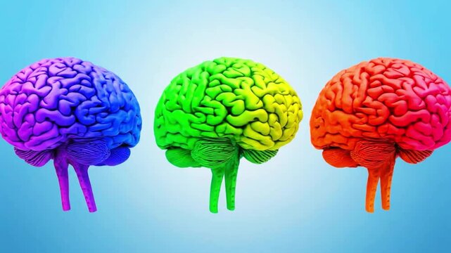 A video showcasing three human heads with colorful brains on a blue background, with the brain colors changing.