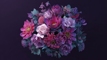 Obraz premium Wedding bouquet with flowers, flat design, top view, 3D render, Triadic color scheme, elegant and spooky arrangement.