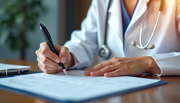 Doctor in white coat with stethoscope writes on medical checklist, planning patient care and treatment. Healthcare professional works at desk.