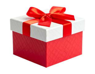 Red and white patterned gift box with a satin red ribbon and bow