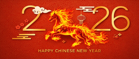 Elegant Chinese New Year 2026 artwork with flaming fire  horse on traditional red patterned background.