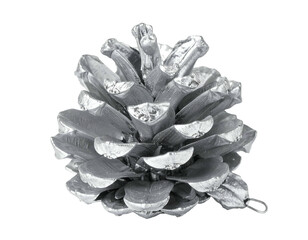 Silver-painted pinecone ornament with hanging loop