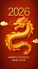 golden dragon on red background. chinese new year 2026 illustration featuring a flaming dragon and bold typography on a traditional  vertical red background.