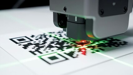 A sophisticated closeup shot of a hightech scanner device actively reading a complex QR code demonstrating advanced data capture and digital information processing with vibrant laser lines illuminati. - Powered by Adobe