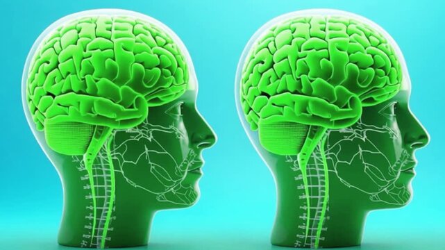 A video showcasing three human heads with colorful brains on a blue background, with the brain colors changing.