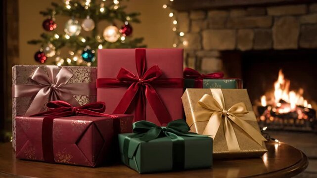 Wrapped presents with bows sit on a wooden table against a blurred background of a decorated evergreen tree with lights and a cozy stone fireplace