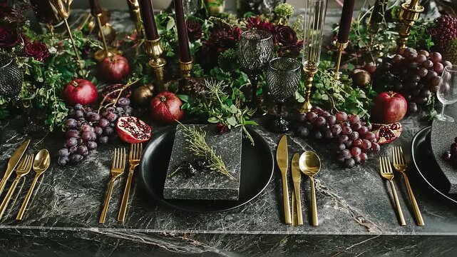 Elegant Dining Table Setup with Dark Marble, Gold Cutlery, and Floral Centerpiece