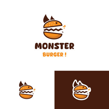 Monster burger logo with cartoon hamburger and devil horns