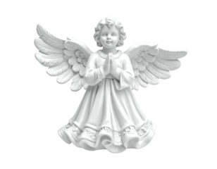 A serene white angelic figure with folded hands and feathered wings