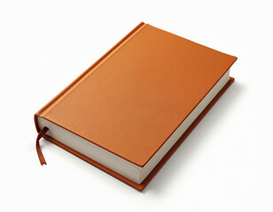 Closed orange hardcover book with blank pages and ribbon bookmark rests on clean white surface. Simple object for writing notes study or journaling.