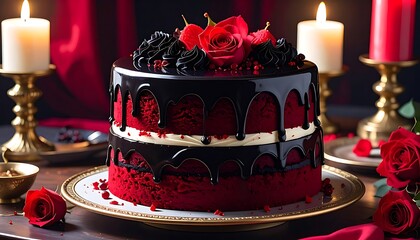 Red cake with dark glaze, roses, and candles on a table with red drapery in the background