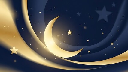 Naklejka premium Elegant golden crescent moon and shimmering stars illuminate a dark blue swirling night sky, creating a magical and festive background illustration
