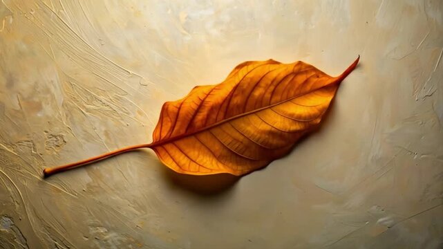 Close up of a golden autumn leaf on a textured surface
