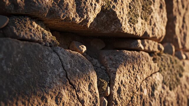 Water Drops Falling Between Mossy Ancient Stone Bricks, Slow Motion
