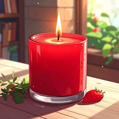 Red candle flame atop table near books, light dappled through a window, leaves and strawberry nearby
