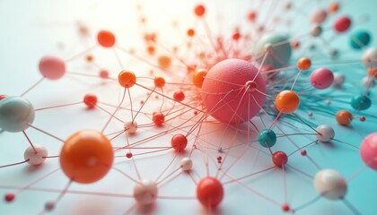 Colorful abstract molecular structure network graphic, connected nodes and lines. Science, tech, research, and data concept. Bright abstract background.