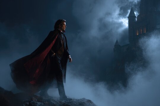 Elegant Gothic Vampire Dracula in Moonlight with Misty Castle and Dramatic Shadows
