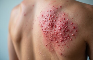 Naklejka premium Close up of painful red blisters covering person back indicating shingles or chickenpox. Skin condition needs medical attention for relief from itching and infection.