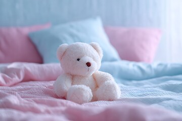 A fluffy teddy bear lying on a bed with soft pastel sheets and a peaceful atmosphere