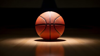 Obraz premium Close-up of a Basketball on a Wooden Court Floor Under Dramatic Spotlight