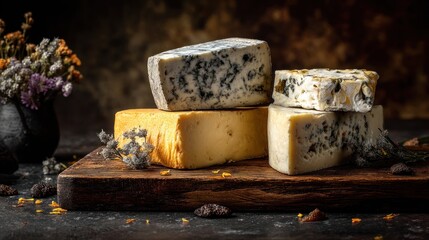 Still life of assorted cheeses, a wooden board, dried flowers, and scattered fruit on a rustic surface, bathed in warm light