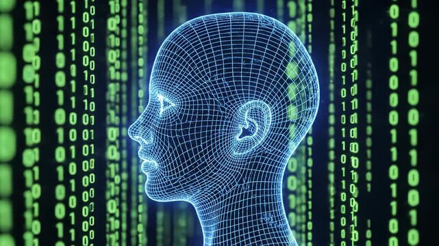 A futuristic digital human head in a grid wireframe with green binary code streaming down in the background representing data and artificial intelligence concepts