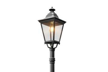 Vintage black street lamp with glowing Edison bulb on dark background light