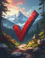 Red check mark floats above a mountain path in a verdant forest, with snow-capped peaks in the background