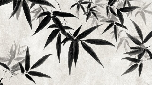 Sumi-e style artwork of bamboo leaves with dark ink contrast against a neutral background, some leaves overlapping