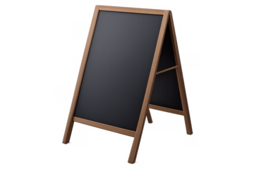 Blank chalkboard sandwich board with a wooden frame standing upright, ready for custom text or artwork. Transparent background