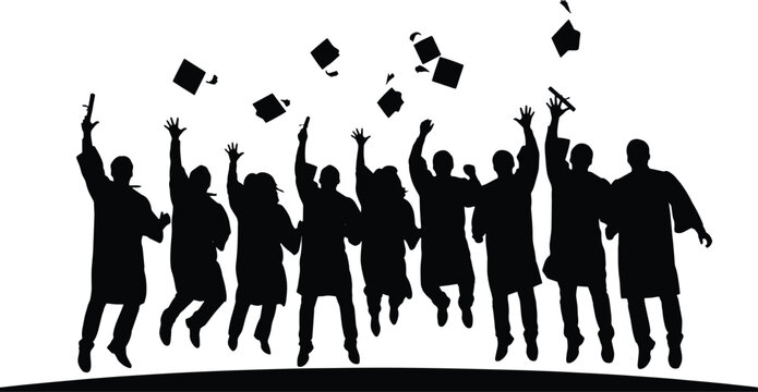 Black silhouettes of graduates jumping and throwing caps, isolated