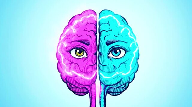 A video showcasing a creative brain illustration with colorful sections and eyes, featuring a colorful brain with eyes.